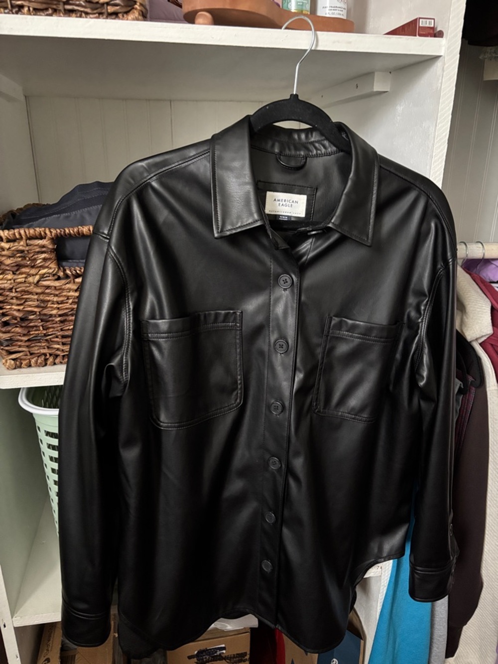 ‼️American Eagle Black Faux Leather Button-Up Shacket
